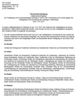 Öffentliche Bekanntmachung des Kreises Paderborn über die Tierseuchenverfügung  zur  Festlegung  von  Schutzmaßnahmen  gegen  die  Geflügelpest  mit  Anordnung der sofortigen Vollziehung 